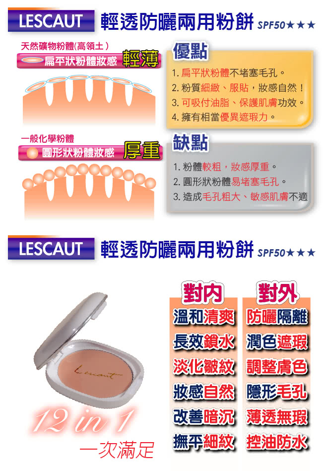 【LESCAUT】超輕透防曬兩用粉餅SPF50(電視購物熱賣中)