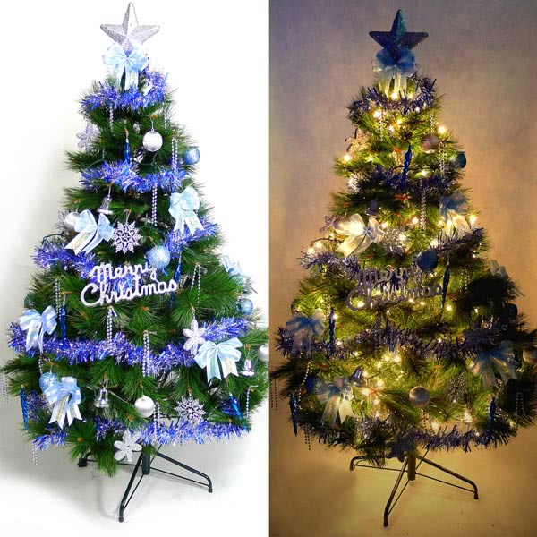 【聖誕裝飾特賣】台灣製7尺/7呎(210cm特級松針葉聖誕樹+藍銀色系配件組+100燈樹燈3串)