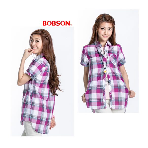 【BOBSON】女款格紋短袖襯衫(紫紅23135-62)