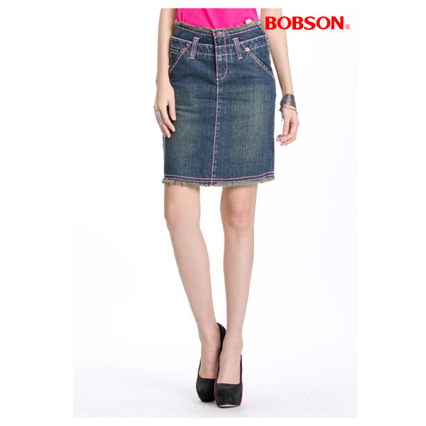【BOBSON】女款雙腰頭牛仔短裙(藍53)