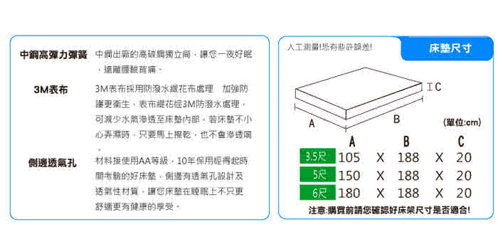 【KIKY】二代美式3M吸溼排汗三線獨立筒單人加大床墊3.5尺YY