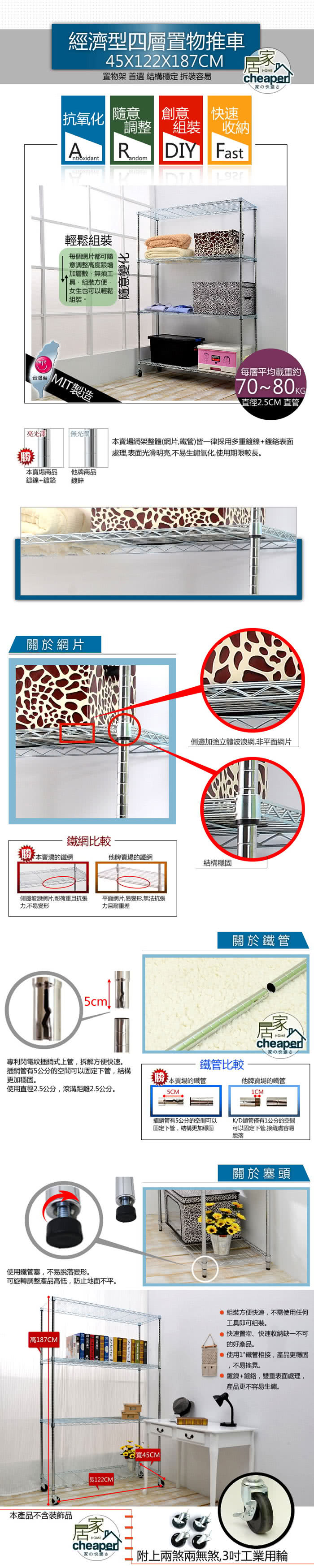 【居家cheaper】經濟型 122X45X187CM四層置物推車(鍍鉻)