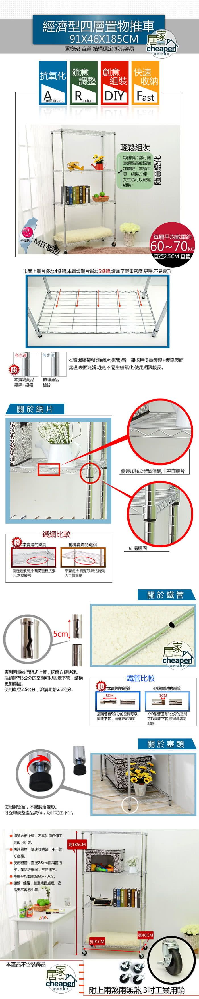 【居家cheaper】經濟型 91X46X185CM四層置物推車(鍍鉻)