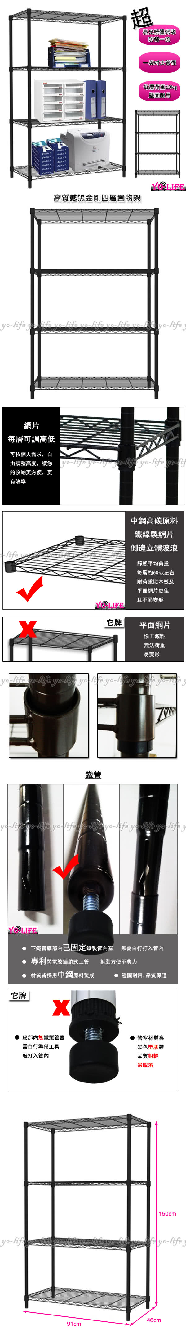 【yo-life】高質感黑金剛四層置物架-烤黑(91x46x150cm)
