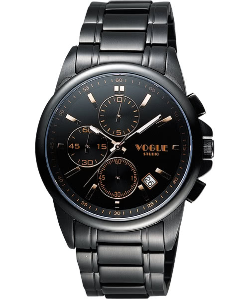 【VOGUE】嶄新系列三眼計時腕錶-IP黑x玫塊金時標/40mm(9V1407-251D-YG)