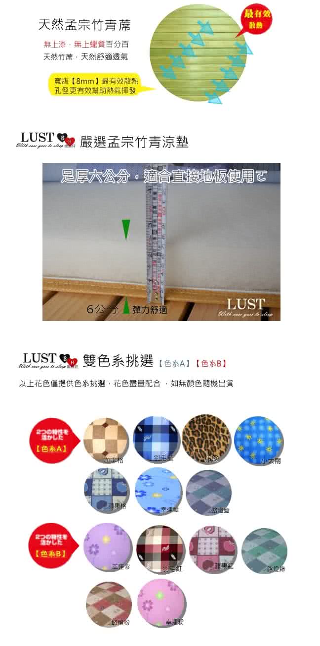 【LUST生活寢具】6尺《高密度孟宗竹透氣床墊》杜邦透氣綿冬夏兩用涼墊台灣生產收納性強(多種顏色)