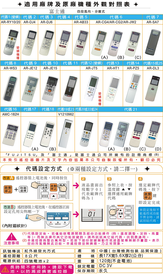 【Dr.AV】AR-RY10 Fujitsu 富士通 變頻 專用冷氣遙控器(窗型、分離式、變頻皆適用)