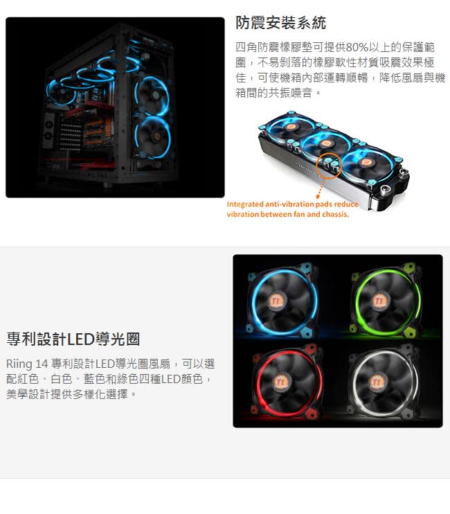 【Thermaltake曜越】Riing 14公分LED高風壓水冷排風扇(藍光)