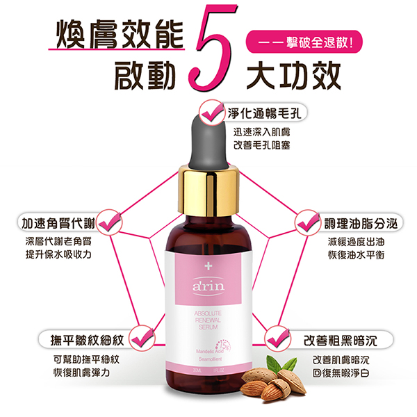 【arin氧潤】15%杏仁酸微剝煥膚精華 / 30ml(臉部精華液保養)