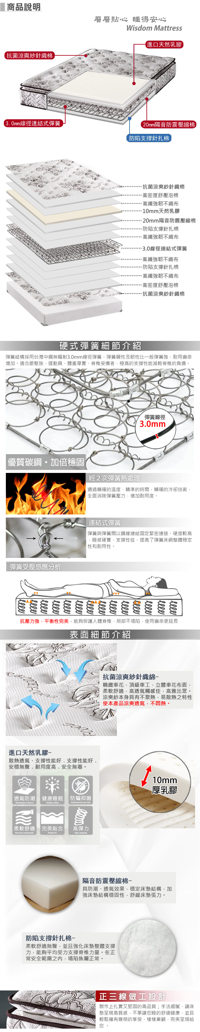 【金鋼床墊】正三線乳膠涼爽舒柔加強護背型3.0硬式彈簧床墊-單人加大3.5尺