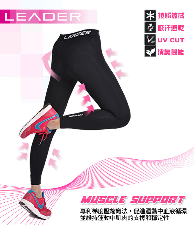 【Leader】女性專用 SportFit運動壓縮緊身褲(黑灰)