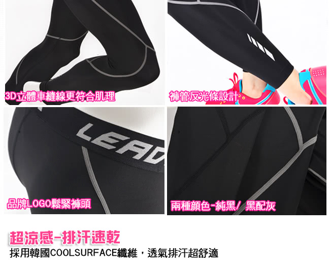 【Leader】女性專用 SportFit運動壓縮緊身褲(黑灰)