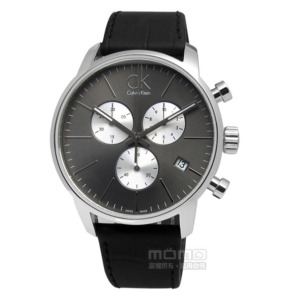 【Calvin Klein】CITY 優雅光環計時指針皮革腕錶 灰x銀框x黑 43mm(K2G271CX)