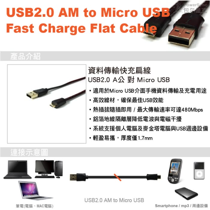 【群加 PowerSync】Micro USB To USB 2.0 AM 480Mbps 鍍金接頭 安卓手機/平板傳輸充電線/ 2M(USB2-GFMIB20)