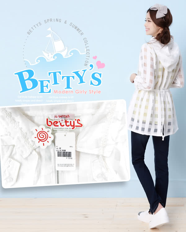 【betty’s貝蒂思】透色格紋腰際抽繩雪紡連帽外套(白色)