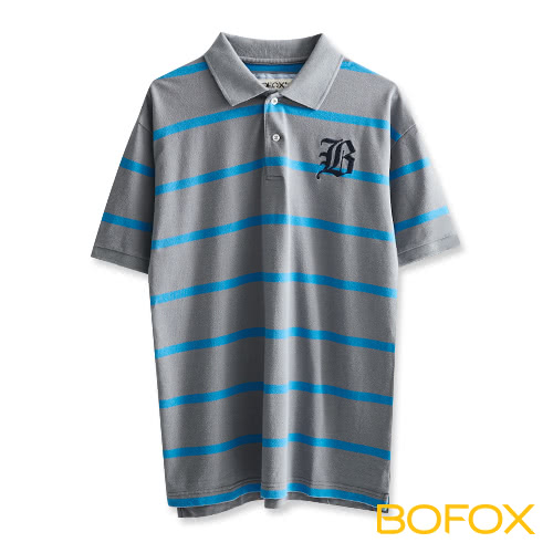 【BOFOX 寶狐】字母刺繡條紋POLO衫(灰藍)