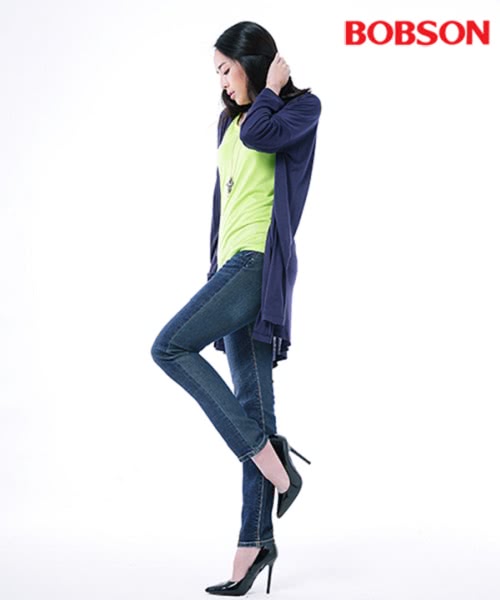 【BOBSON】女款低腰異素材小直筒褲(藍8138-53)