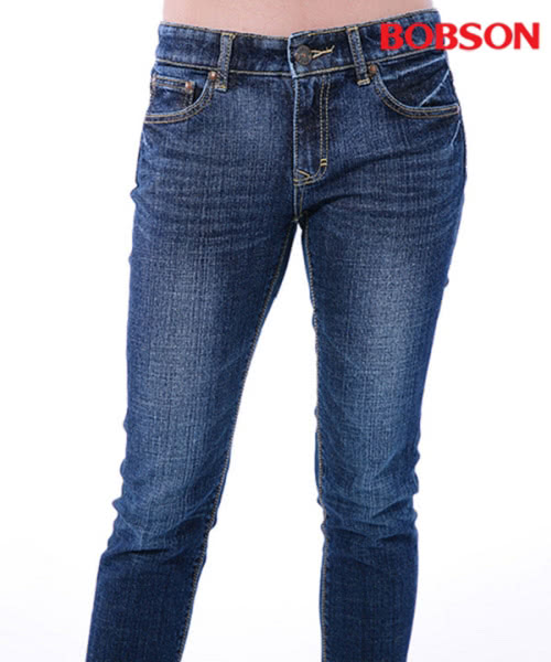 【BOBSON】女款低腰異素材小直筒褲(藍8138-53)