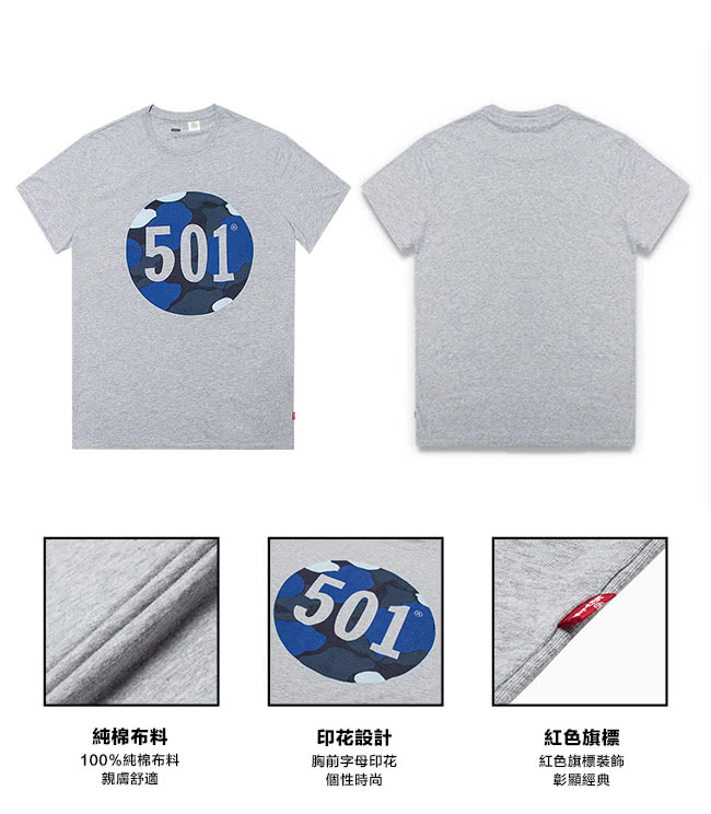 【Levis】男士Logo501印花純棉灰色短袖T恤