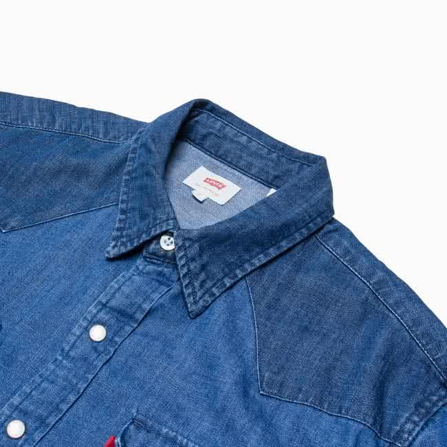 【Levis】經典Barstoe丹寧襯衫 / 雙色拼接 / 珠光扣