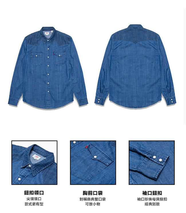 【Levis】經典Barstoe丹寧襯衫 / 雙色拼接 / 珠光扣