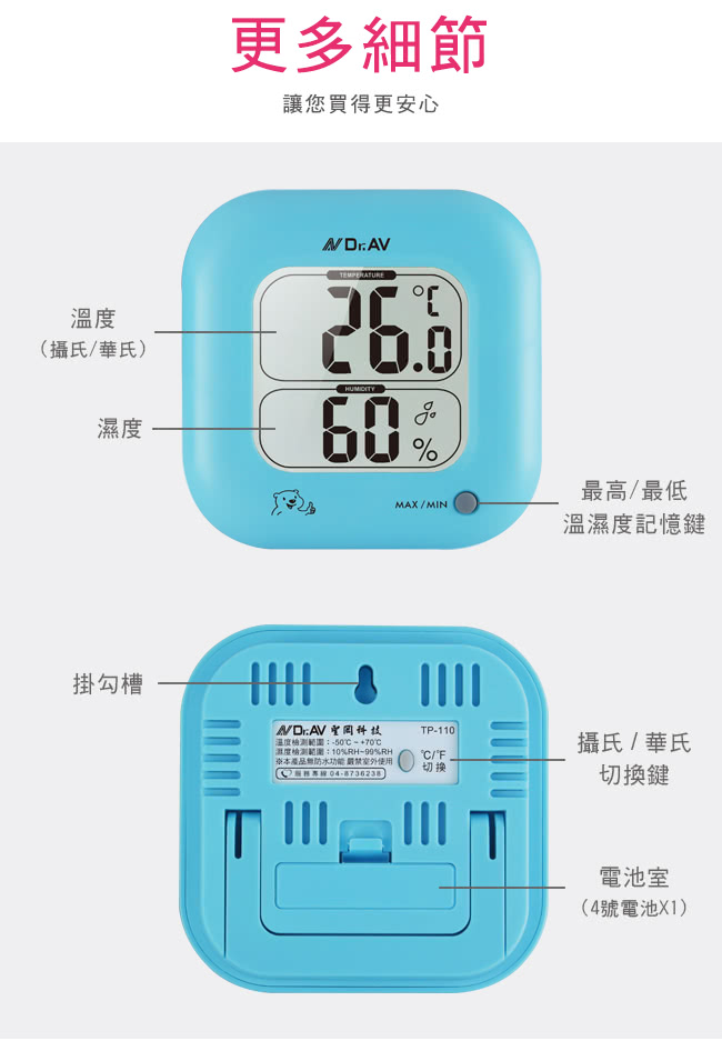 【Dr.AV】電子式溫濕度計(TP-110B-水漾藍)