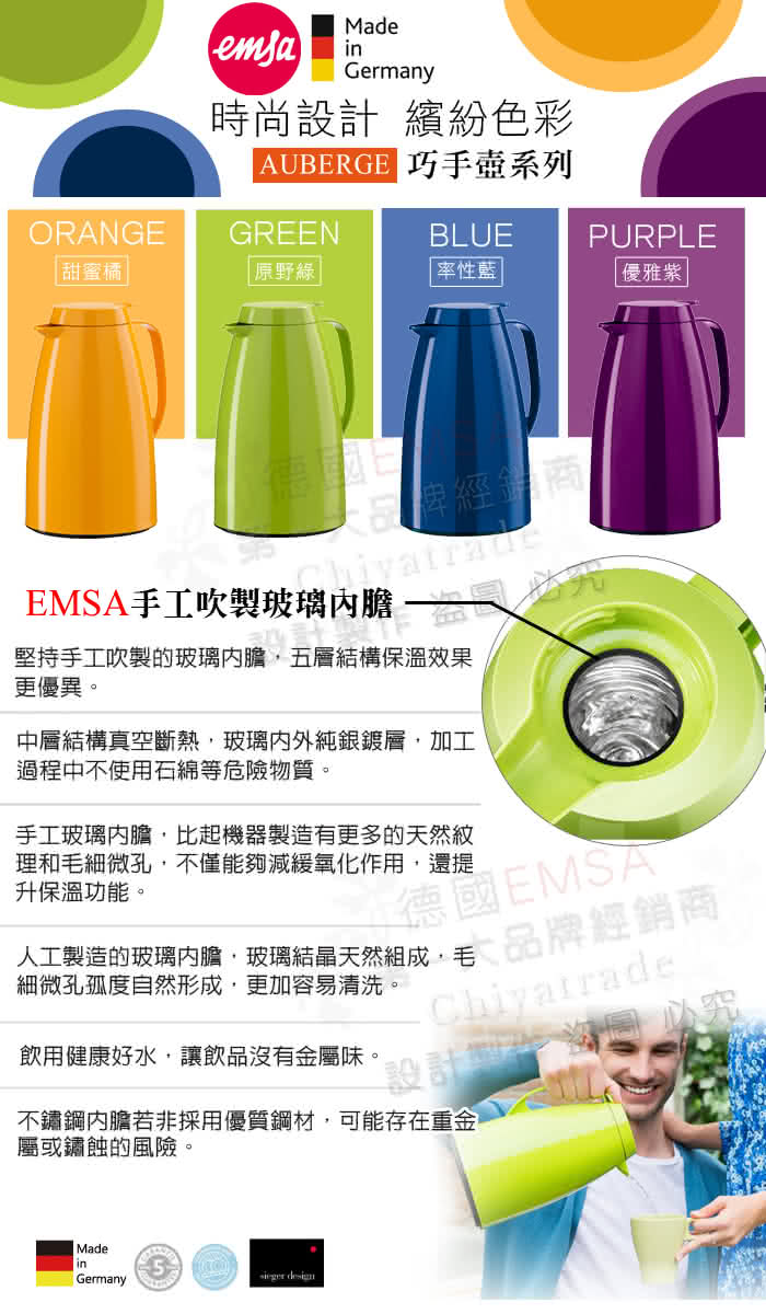 【德國EMSA】頂級真空保溫壺 玻璃內膽 巧手壺系列BASIC-保固5年(1.5L 四色任選)