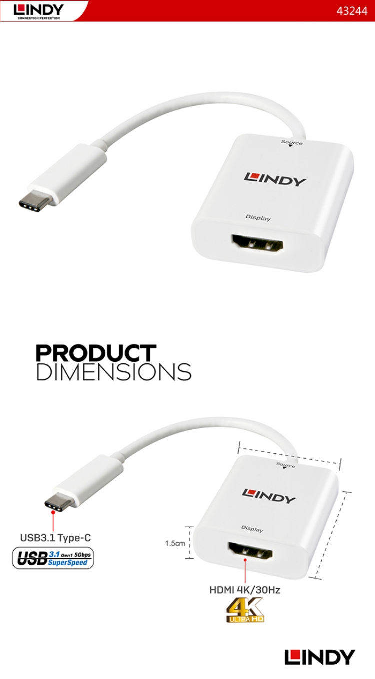LINDY 林帝 主動式 USB TYPE-C 轉 HDMI LINDY 林帝 主動式 USB TYPE-C 轉 HDMI