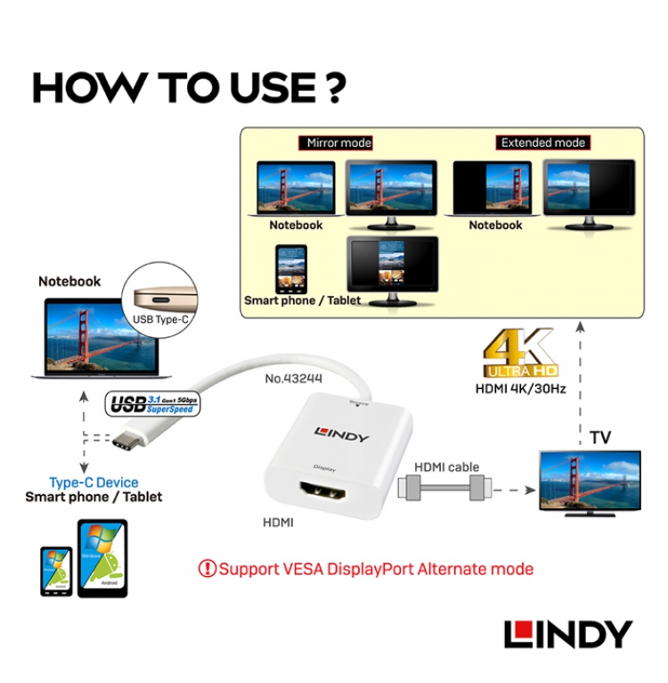 LINDY 林帝 主動式 USB TYPE-C 轉 HDMI LINDY 林帝 主動式 USB TYPE-C 轉 HDMI