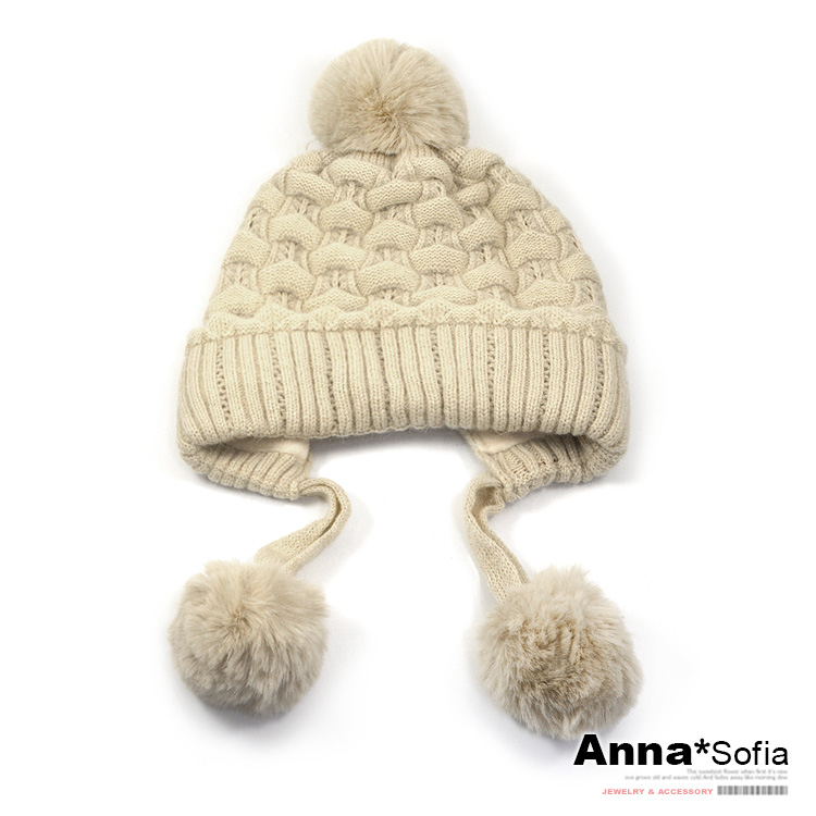 AnnaSofia 保暖加厚內絨護耳毛帽-編線混兔毛織垂雙球 AnnaSofia 保暖加厚內絨護耳毛帽-編線混兔毛織垂雙球