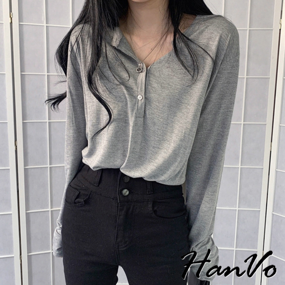 HanVo 現貨 薄款排釦寬鬆長袖上衣(素色簡約百搭T恤 韓 HanVo 現貨 薄款排釦寬鬆長袖上衣(素色簡約百搭T恤 韓