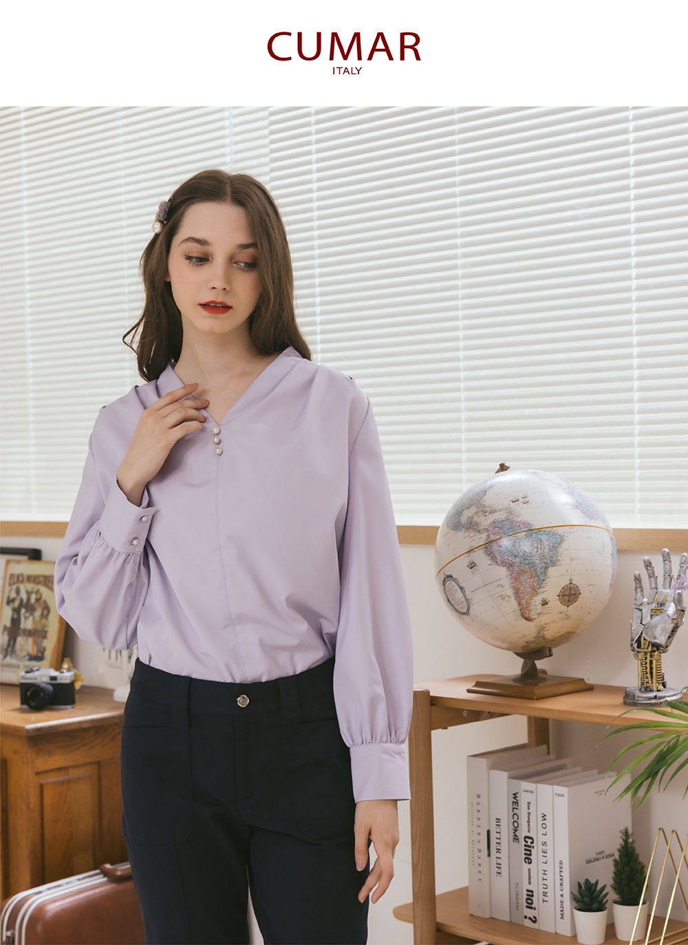 CUMAR V領氣質抓折長袖上衣(白 紫)好評推薦 CUMAR V領氣質抓折長袖上衣(白 紫)好評推薦