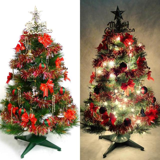 【聖誕裝飾品特賣】台灣製3尺(90cm特級綠松針葉聖誕樹-紅金色系配件+100燈鎢絲樹燈一串)