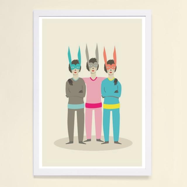 【摩達客】西班牙知名插畫家Judy Kaufmann藝術創作海報掛畫裝飾畫-三胞胎兔面具(附簽名 含木框)