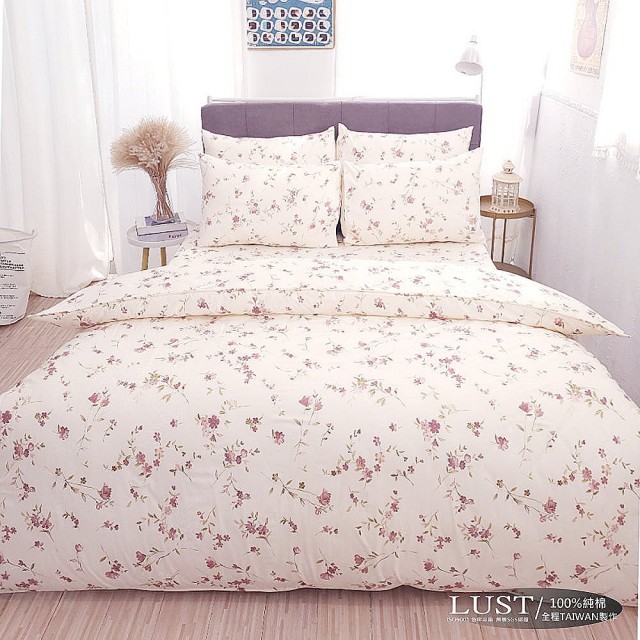 【Lust 生活寢具】法式玫瑰 100%純棉、雙人5尺床包-枕套-薄被套6X7尺、台灣製