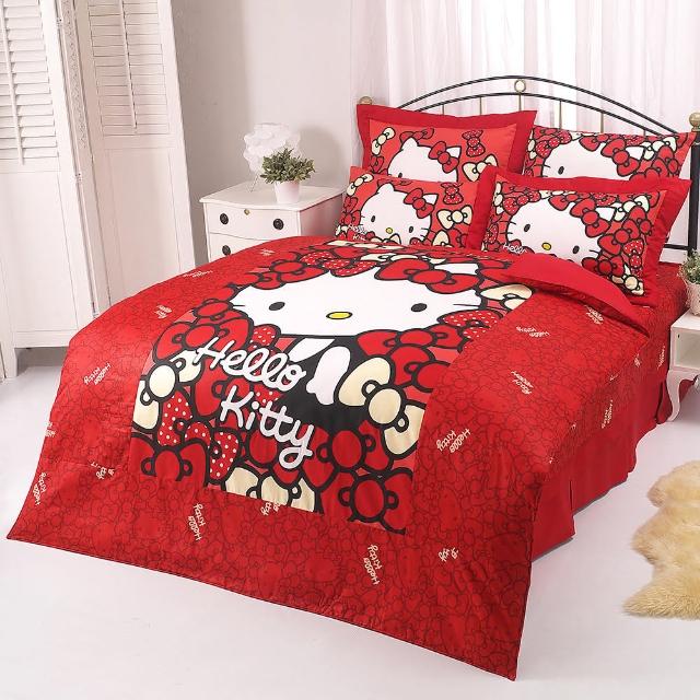 【享夢城堡】HELLO KITTY 我的Ribbon時尚系列-單人純棉三件式床包涼被組(紅)