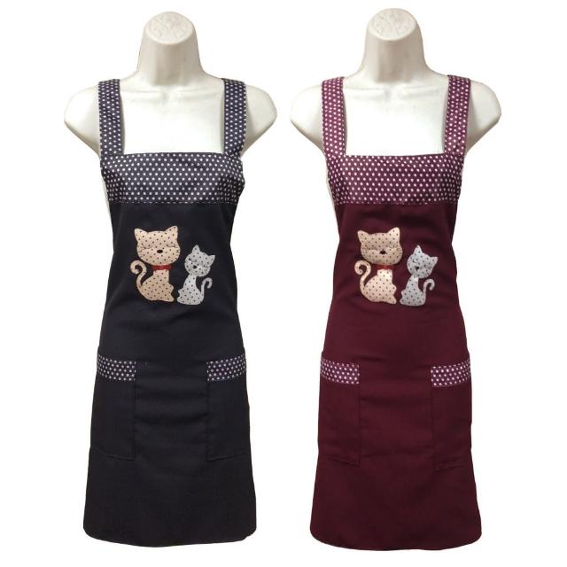 繡花貓兩口袋圍裙GS552(藍紅二入組)