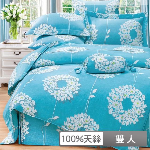 【貝兒居家寢飾生活館】頂級100%天絲兩用被床包組(雙人-花蔓舞-藍)