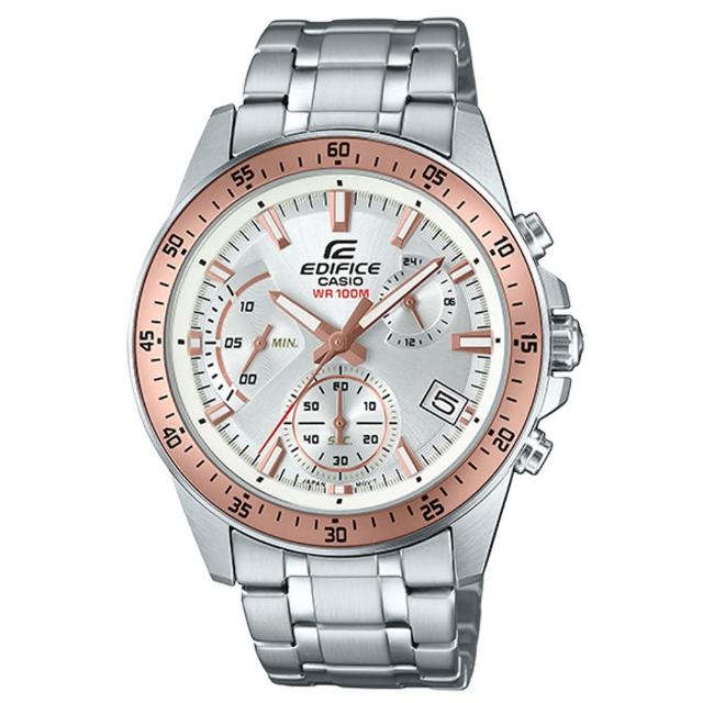 【CASIO 卡西歐】三眼計時賽車男錶 不鏽鋼錶帶 銀X玫瑰金錶面 防水100米 日期顯示(EFV-540D-7B)