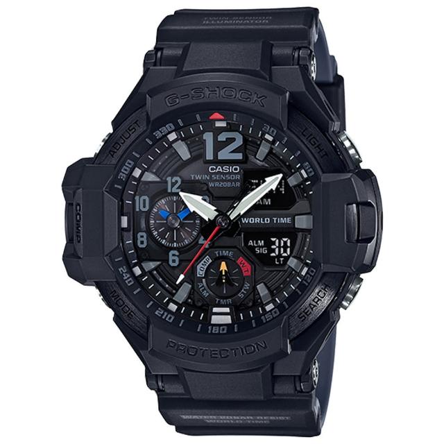 【CASIO 卡西歐】G-SHOCK GRAVITY MASTER 飛行雙顯男錶 防水 溫度測量 數位羅盤(GA-1100-1A1)