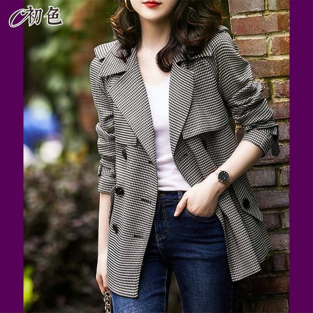 《女裝外套》25款熱銷衝鋒外套 保暖外套強力推薦! - 31 | Kiro遊戲娛樂生活網 【初色】時尚千鳥格風衣外套-黑色-97482(M-2XL可選)