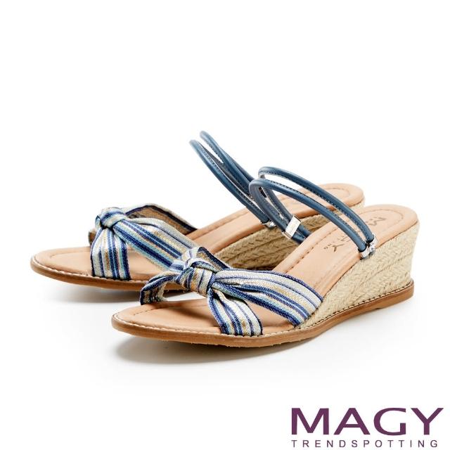 MAGY【MAGY】布面拼接牛皮兩穿麻編 女 涼拖鞋(條紋藍)