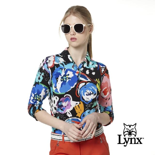 Lynx Golf【Lynx Golf】女款歐洲進口布料貼鑽黑底藍花圖案七分袖POLO衫(藍色)