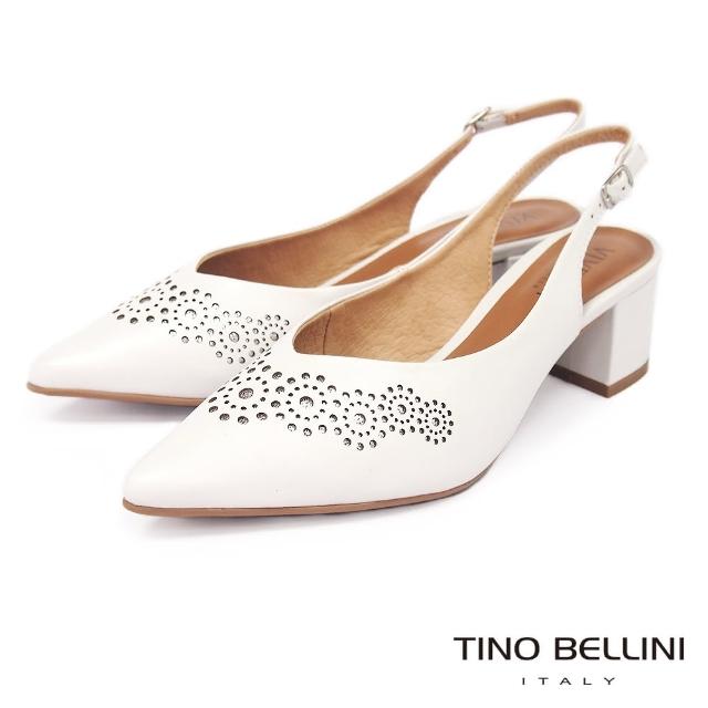 【TINO BELLINI 貝里尼】巴西進口幾何花朵全真皮後釦帶中跟鞋F1V0009-0(白)