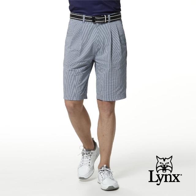 Lynx Golf【Lynx Golf】男款日本進口布料混紡材質直條紋路雙折休閒短褲(淺藍色)