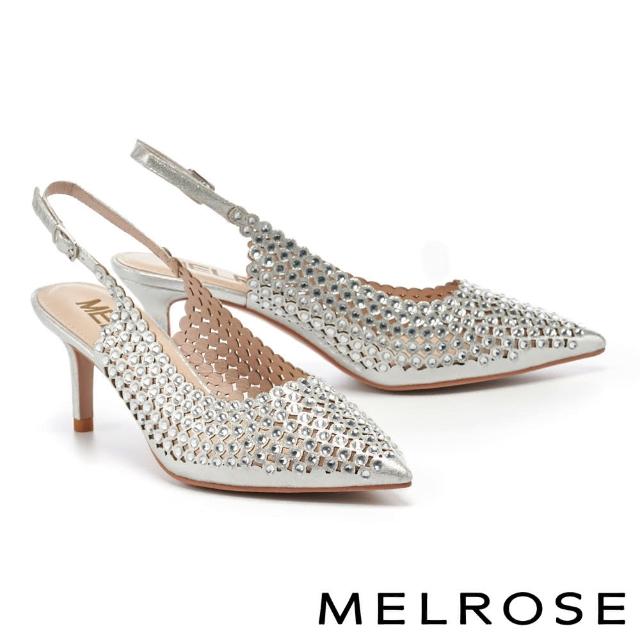 【MELROSE】亮麗時髦金屬感鏤空水鑽尖頭高跟鞋(白)