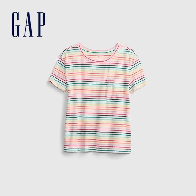 【GAP】女童 棉質口袋刺繡圓領短袖T恤(538278-彩色條紋)