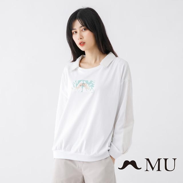 maru.a【maru.a】MU 胸口鬍子印花拼接條紋長袖上衣(白色)