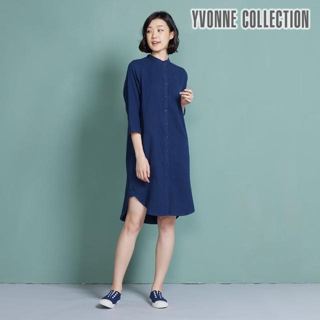 【Yvonne Collection】雙層紗無領襯衫式長袖洋裝(丈青)