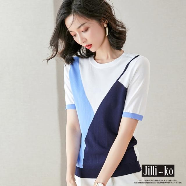 【JILLI-KO】撞色小可愛造型冰絲針織衫-F(橘/藍)